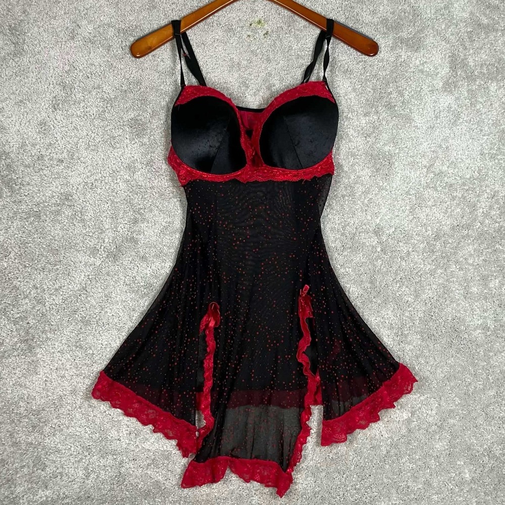 Vintage Hot Kiss Intimates Womens 2X Babydoll Chemise Black Red Lace Lingerie